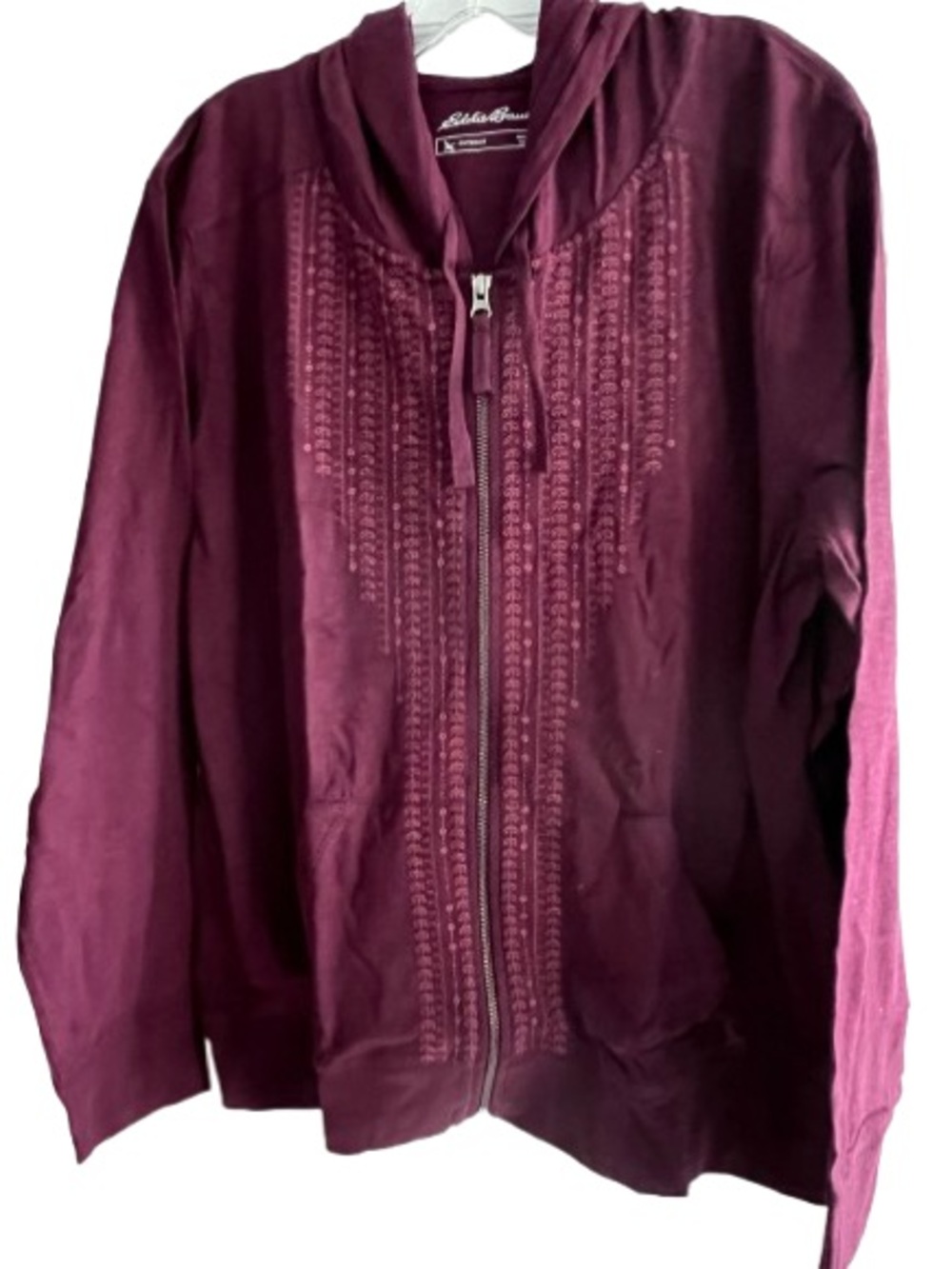 Eddie Bauer Cabernet Red Hooded Zip Embroidered Sweater XXL NWT